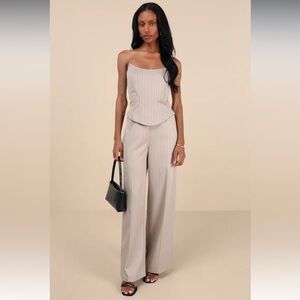 Lulu's Taupe Pinstripe Wide-Leg Jumpsuit